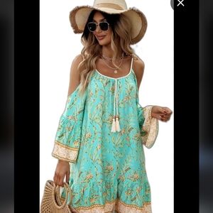 SHEIN Blue Long Sleeve Bell Sundress with Spaghetti Strap